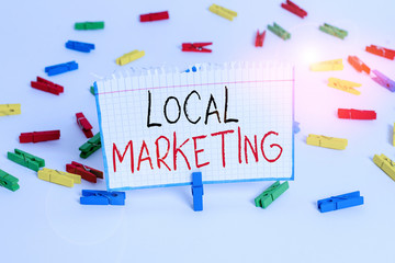 Text sign showing Local Marketing. Business photo showcasing targets customers by finely grained...