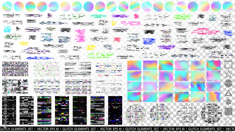 Poster glitch overlays bundle. holographic backgrounds. computer screen error. digital pixel noise abstract