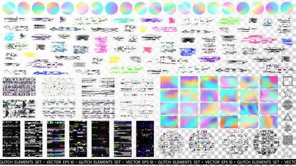 Glitch overlays bundle. Holographic backgrounds. Computer screen error. Digital pixel noise abstract design. Glitch set. Pixel elements. Hologram. TV signal fail. Data decay. Technical problem. - obrazy, fototapety, plakaty