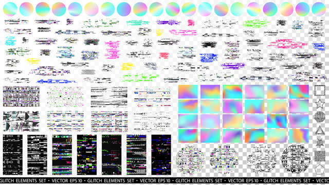 Glitch overlays bundle. Holographic backgrounds. Computer screen error. Digital pixel noise abstract design. Glitch set. Pixel elements. Hologram. TV signal fail. Data decay. Technical problem.