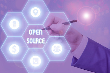 Writing note showing Open Source. Business concept for denoting software which original source code...
