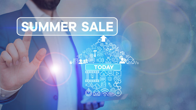 Conceptual hand writing showing Summer Sale. Concept meaning time when a store sells products at much lower prices than usual