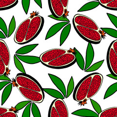 Red fruit pomegranate, whole and half pomegranate with seeds. Drawing of a plum with a green leaf. Vector seamless pattern