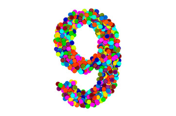 Number 9 from confetti. 3D rendering