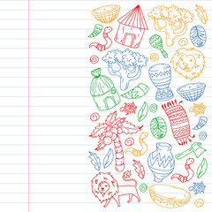 Vector african tribal pattern for banner and posters. Icons of animals and traditional elements for children fabric, clothes, textile. Travel and adventure