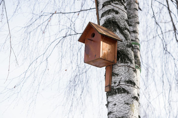 Wooden birdhouse on a tree in winter.