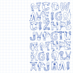 Animal alphabet. Zoo alphabet. Letters from A to Z. Cartoon cute animals. Elephant, dog, flamingo, giraffe, horse, alligator, bear, cat.