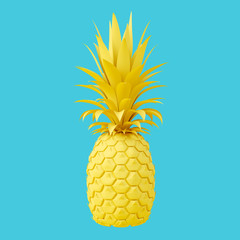 Yellow pineapple isolated on light blue background. Minimal design art. 3d illustration.