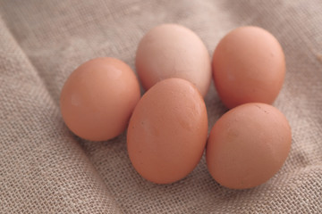 Close up of many fresh eggs on table 