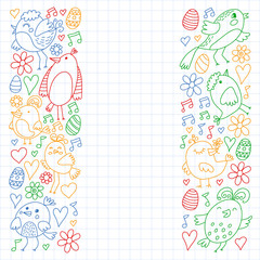 Pattern kids fabric, textile, nursery wallpaper. Vector illustration. Hand drawn singing birds and flowers for little children.