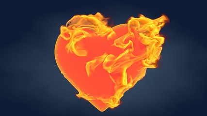 Heart shape with realistic fire. Burning symbol with flames. Abstract valentine's day background. 3d rendering.