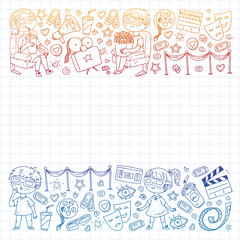 Cinema pattern with vector icons for wrapping paper, posters, banners, leaflets. 3d movie, tv, musical.