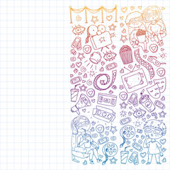 Cinema pattern with vector icons for wrapping paper, posters, banners, leaflets. 3d movie, tv, musical.