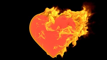 Heart shape with realistic fire. Burning symbol with flames. Abstract valentine's day background. 3d rendering.