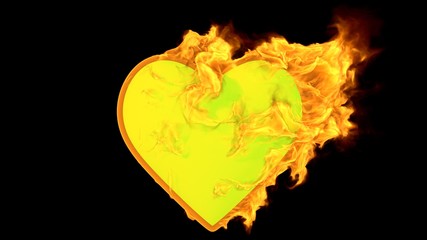 Heart shape with realistic fire. Burning symbol with flames. Abstract valentine's day background. 3d rendering.