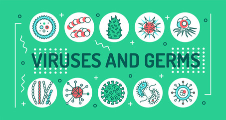 Viruses and germs word lettering typography. Microscopic germ cause diseases. Infographics with linear icons on green background. Creative idea concept. Isolated outline color illustration