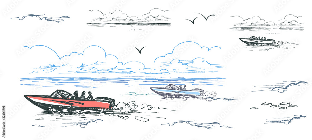 Wall mural Vector color image of motor boats with people among the water, clouds and gulls.