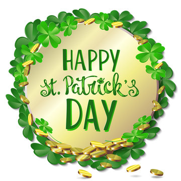 Vector image of a green frame of clover with the words "Happy for St. Patrick" on a white background.