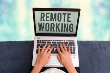Conceptual hand writing showing Remote Working. Concept meaning situation in which an employee...
