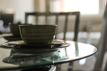 bowl plate cup set on dining table