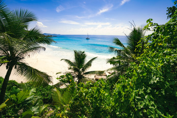 Petite Anse paradise beach framed by green foliage. La Digue island, Seychelles