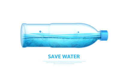 Water pollution concept banner. Stop ocean pollution. Ecology problem concept with polluted water in realistic plastic bottle. Vector illustration with plastic trash in sea.