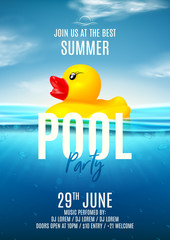 Summer pool party poster template. Vector illustration with deep underwater ocean scene. Background with realistic clouds and marine horizon. Invitation to nightclub with rubber duck.