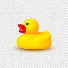Realistic vector rubber duck. Vector illustration with 3d rubber duck isolated on checkered background. Realistic yellow kid toy.