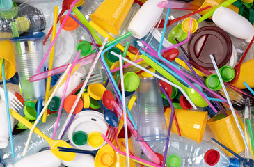 Disposable single use plastic objects such as bottles, cups, forks, spoons and drinking straws that...