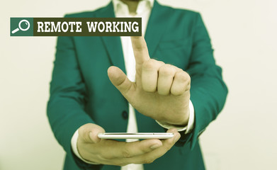 Conceptual hand writing showing Remote Working. Concept meaning situation in which an employee...