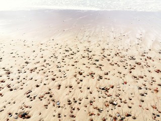 Close-up of wet sand with pebbles. Baltic Sea coast. 