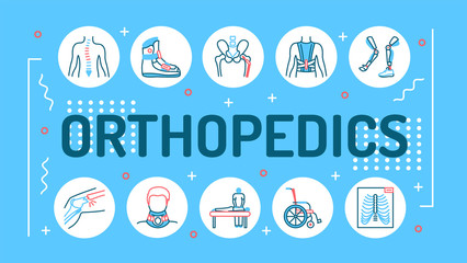 Orthopedics word lettering typography. Rehabilitation after injuries. Musculoskeletal system treatment. Infographics with linear icons on blue background. Creative idea concept.