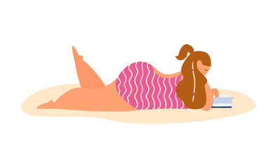 Long hair young chubby woman in swimsuit laying and reading on the beach. Isolated on white. Flat vector illustration.