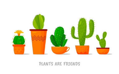 set of five illustrations of cute cartoon cactus in pots and with plants are friends text message.