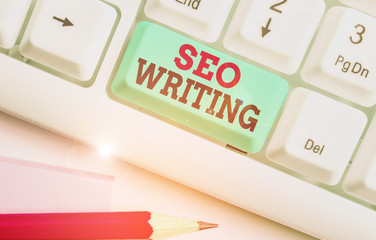 Word writing text Seo Writing. Business photo showcasing grabbing the attention of the search...