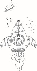 Outline with astronaut kid and cat in rocket ships. Stars, planet.Coloring. Black and white cartoon character. Vector illustration on white background. Kids coloring book. A game for children.