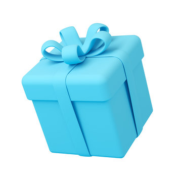 Blue Gift Box With Ribbon Isolated On White Background. Minimal Design Art. 3d Illustration.