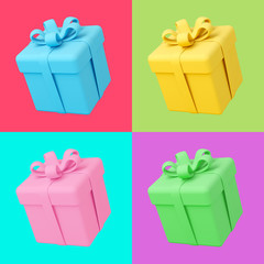 Colorful set of gift boxes with ribbons isolated on different bright backgrounds. Minimal design art. 3d illustration.