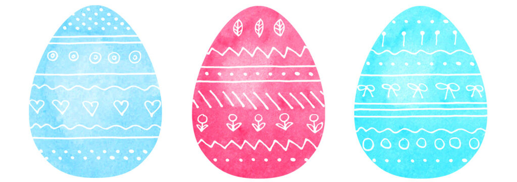 Watercolour Easter eggs of different colors with white Hdnd drawn doodles. Simple doudle elements on colored eggs set