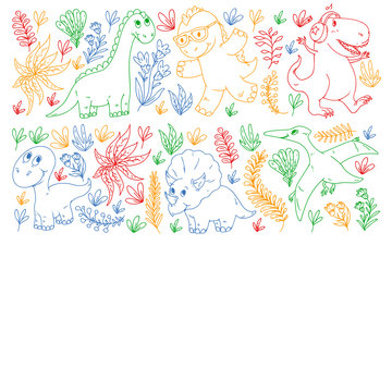 Pattern kids fabric, textile, nursery wallpaper. Vector illustration. Hand drawn dinosaurs, dino for little children. © Anastasia