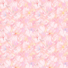 Fototapeta premium Seamless illustration of white, yellow and blue tulips on a pastel pink background