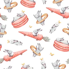 Foto op Plexiglas Aquarel prints Schattig aquarel naadloos patroon. Behang met partij cupcakes en mooie fantasie bunneis tekenfilm dieren op witte achtergrond. Hand getekende vintage textuur.