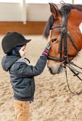 boy stroking horse, young jockey, horseback training on manege, lesson for young jockey in...