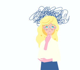 Sad blonde woman got confused in her thoughts. Anxiety, depression and mindfulness awareness concept.