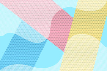 Hipster geometric halftone dotted and striped retro comic background. Bright blue, pink and yellow pop art banner with white stripes and dark dots for design