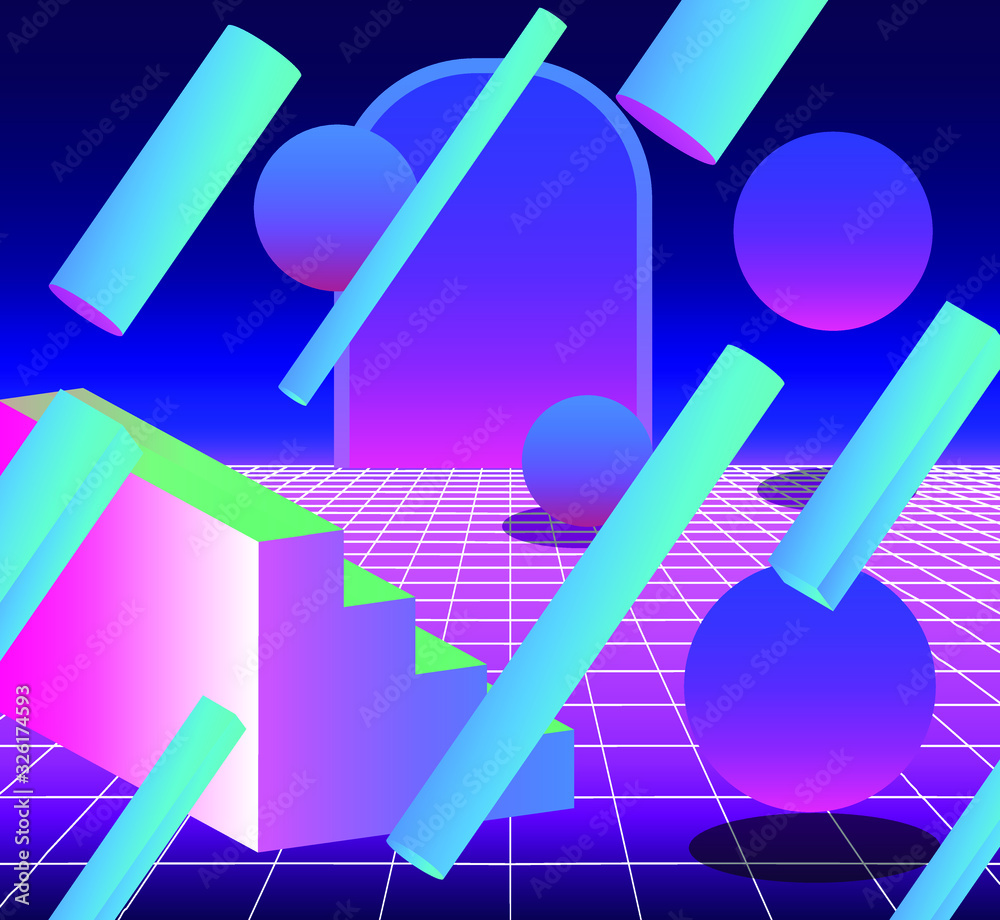 Poster surreal retrowave and vaporwave style illustration with staircase and arch on endless laser grid.