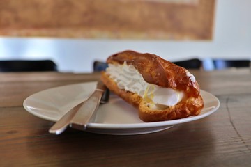 Close-up of cake with cream. Break time