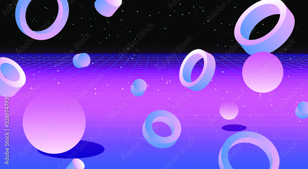 Poster Retrofuturistic virtual reality landscape with perspective laser grid and floating in zero gravity neon shapes. 