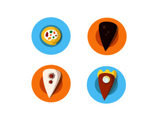 Plates of different kinds of cake on a white background