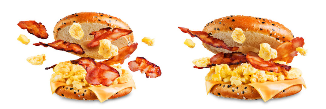 Fried Bacon Cheese Egg Salad Bagel On A White Isolated Background